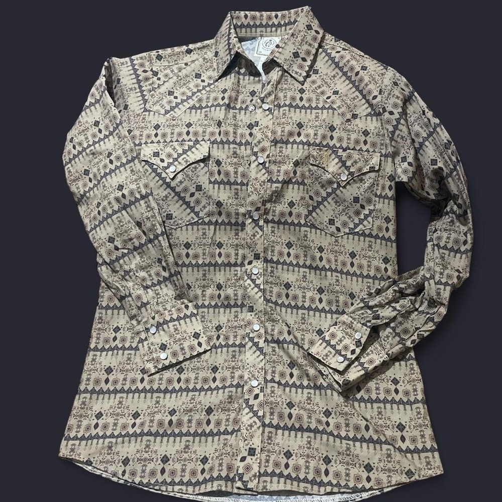 Men's Beige and Black Geometric Button Down Shirt